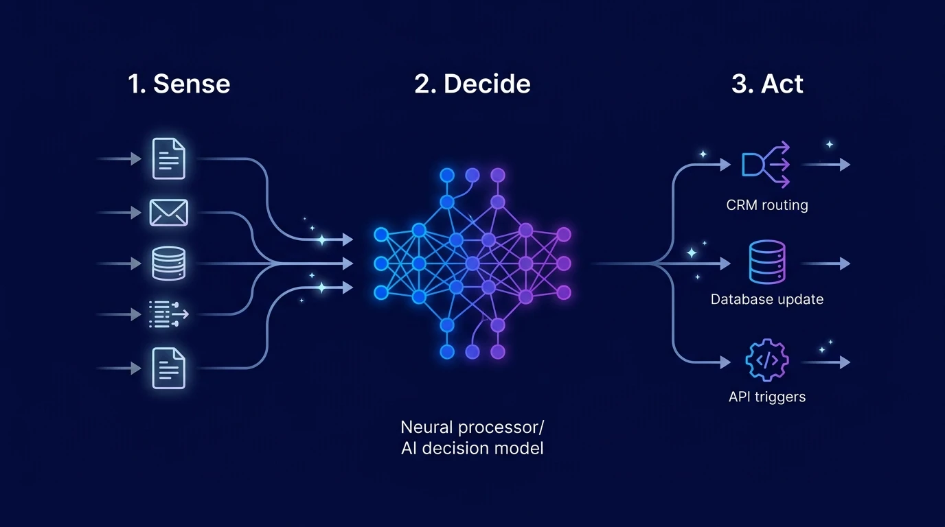 Figure 1: The Sense, Decide, Act architecture of modern AI automation pipelines