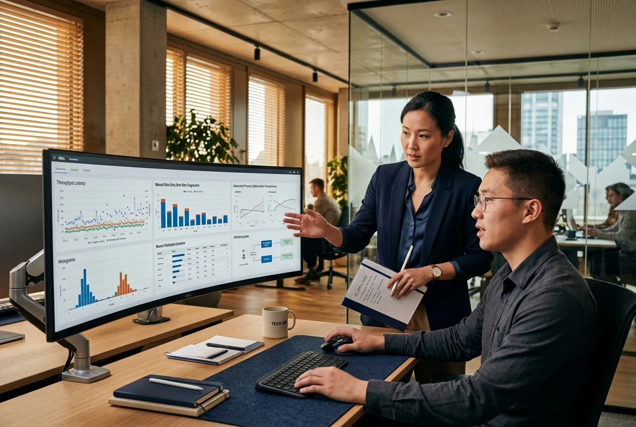 Operations team analyzing workflow bottlenecks and manual process inefficiencies on curved monitor